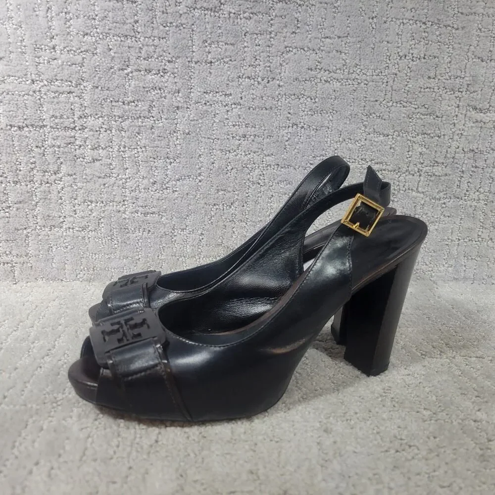 Tory Burch Tennyson Women's Size US 9.5 M Black Leather Slingback Heels Sandals.